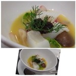 食堂セゾンドール - ◆呼子　甲烏賊バター焼き、ナージェ野菜と共に。・・ナージェとは「泳ぐ」と言う意味だそう。
      上には「イカスミのぺースト」がのせられ、ソースは軽くカレー風味がしますね。