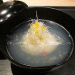 白 - 昼の一汁三菜2。雪中梅 はまぐり真丈大潮汁(2016.2)