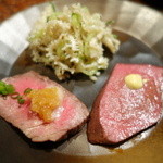 焼肉うしごろ - リブ芯、自家製ローストビーフ、ハツの炙りたたき、白センマイ刺し