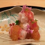 まき村 - 2016/3_天然車海老と菜の花、山芋の出汁ジュレがけ