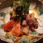 中島町倶楽部 - 蛍烏賊と春野菜の酒盗ニンニクソース