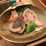 さ行 - 明太子を詰めた蓮根、地鶏牛蒡巻き、牡蠣しんじょうなど。