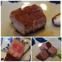 室 - ◆上最初に2/3量のお肉を。焼き加減は「ミディアムレア」で。。
                この日のお肉は柔らかいのは勿論ですが、上質な旨みを感じて美味しいこと。
                右下：残りのステーキ。