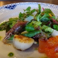 室 - ◆オードブル・・魚介のサラダ。
                スモークサーモン・炙り帆立・ホタルイカ・イクラなどがお野菜と共に盛られています。
                魚介は新鮮で美味しいですし、優しい味わいのドレッシングが合いますね。