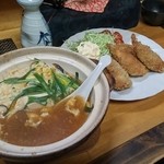 居酒屋きみ - ニラと豆腐の玉子とじ(600円)とアジフライ