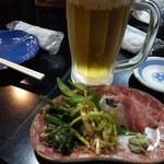 おふくろ - お刺身、島ラッキョウ、苦菜のチーズ和えと麦職人です