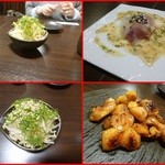 鶏料理ひとりひとり - もやしの浅漬け、ヒラマサ、ヨコワ、鶏胸身タタキ、蕪包み、カルパッチョ風、柚子ととんぶりのソースで