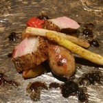 紬山荘 - 蝦夷豚の炭火焼きの自家製ソーセージ添え2016，3