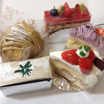 フレシュール - 抹茶のヌウ、ストロベリークリームパイ、紫色のモンブラン、モンブラン、カシスショコラ