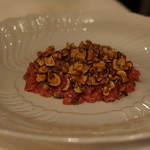 Del Posto - 牛肉のカルパッチョ、上にかかっているのはトリュフを素揚げしたもの
