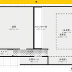 美食酒家　旬彩 - 簡単な見取り図を描いてみた(窓は割愛、各数値は適当)。レンガ風に模様をつけたタタキの部分がボトルネックだ。