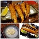 Kushiage Chousuke - 私は「海老カツ定食」を頂きます。
                        大きめの有頭海老が4尾です。しっかり揚げてありますので「頭」から頂けますね。