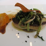 プレヴナンス - 28年2月　仏鴨フォアグラポアレ　長野田芹、牛蒡チップ、宮崎金柑、黒トリュフ