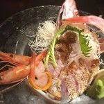 炭火居酒屋 山崎　金沢直送鮮魚＆石川の地酒 - のどぐろ刺身1本、甘海老はサービスです。