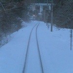 ダイニングカー　寝台特急　カシオペア - 青函トンネルの抜けると雪深くなってきました(ラウンジカーより)