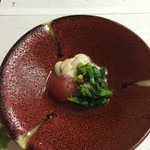 鴨正 - 白子と菜の花，ミニトマト煮