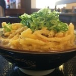 丸亀製麺 - 【2016年02月】かけうどん（中：温）に、かき揚げを載せてネギ（無料）をたっぷり乗せてみた(^^♪
            横からパシャリ！