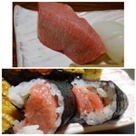 大和田鮨 - ＊トロは大きな切り身で美味しい。巻物は鉄火巻きで同じくトロが入っていますが、
            チャンと巻物になっていないので食べずらくて・・(^^;)