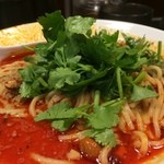 175°DENO担担麺 - 【2016年02月】汁有：すごくシビれる、にパクチーを載せて横から撮ってみた。