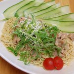 Cafe でぃっしゅ - 冷やしディッシュヌードル棒棒鶏冷麺。まぁ棒棒鶏の冷やし中華。です。ゴマとピリから中華あり。５００Yen