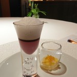 レフェルヴェソンス - （2016/3昼）サザエ、からすみ、紅芯大根、アーモンド / ポンカン、お酒