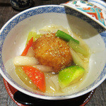 竹ざき - 6】炊合せ:じゃが芋万頭　春野菜の山椒あん掛け(2016.3)