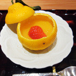 竹ざき - 9】デザート:三宝柑ゼリー　樋口農園の苺(2016.3)