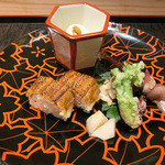 竹ざき - 2】八寸:穴子寿司 蛍烏賊 わかさぎ つぶ貝 たらの芽天婦羅 白和え 生姜(2016.3)