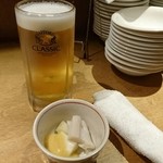 Raimu - ビールとお通しのタコとウドの酢味噌和え