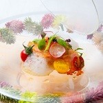 ``Fragrance: Miyagi scallops, wasabi leaves, red shellfish bacon, caviar capsules, fruit tomato air''