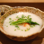 虎白 - 「小鍋」鹿児島の筍と車海老、聖護院蕪と白子のすりおろし出汁掛け　2016年1月