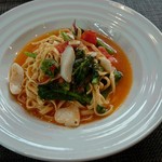 La mia Ricetta - ランチの時のパスタ菜の花とイカのパスタ。トマト味