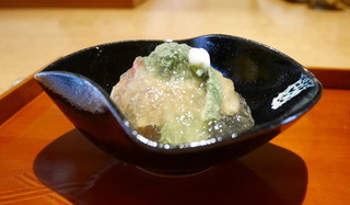 Hiwatashi - 先付　車海老とこごみ、土佐酢煮凝り