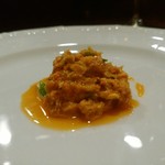 f - 川蟹とウニと比内地鶏の卵黄・・。