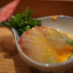 さ行 - 2016年4月_刺身（真鯛黄身醤油、菜の花）