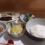 新ばし 星野 - 2016/3白菜の漬物、ちりめん山椒、花山葵、牛肉のしぐれ煮、ご飯