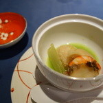 サンセットビューホテル けひの海 - じゃがいも饅頭、筍、海老、アワビ、うすい豆餡かけ