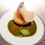 エクアトゥール - （2016.4)蒸しアワビと焼きリゾット、あわび肝ソース