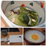 Shabu Zen Hanayukou - ◆小鉢・・小松菜の煮びたし。鶏肉も入っていますが、優しい味わい。
                        ◆すき焼き用の「生卵」は追加できますが、多分一度だけかと。