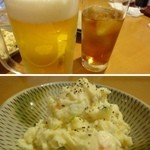 Gyouzatei - ビール、烏龍茶、ポテトサラダ。