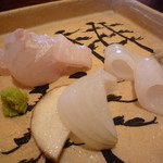 泉や - 【2016.4】白いお造り（平目、やりいか）　長芋・新玉葱の糠漬添え 