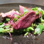 エクアトゥール - あみどり鴨、馬肉の肩、腿のロティ、グリーンアスパラ、エシャレット、赤ワインソース