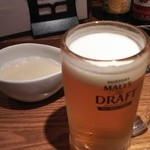 俺の魚を食ってみろ!! - (2016/4)生ビールとお通し(春爛キャベツと桜海老の擦り流し)