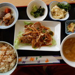 青林檎 - 豚肉の野菜あんかけ。たけのこご飯と。