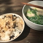 Shokuyabo Nouen - アラメの醤油かてめしと豚バラとほうれん草の豆乳スープ♪自然の中での優しい献立は染み入ります(^^)