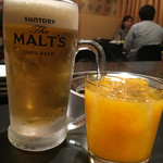 博多もつ鍋 蟻月 - 生ビール、みかん酒ロック