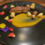 モンプチコションローズ - 28年4月　フォアグラソテー　南瓜ペースト、ポップコーン