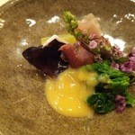 寿司処 しん - 先付　とり貝とホタル烏賊の酢味噌  菜の花のお浸し添え　反対側