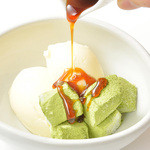 Matcha warabi mochi with vanilla ice cream