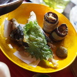 鬱花 - ワカサギ揚げ、茄子のオイルサーディン巻き